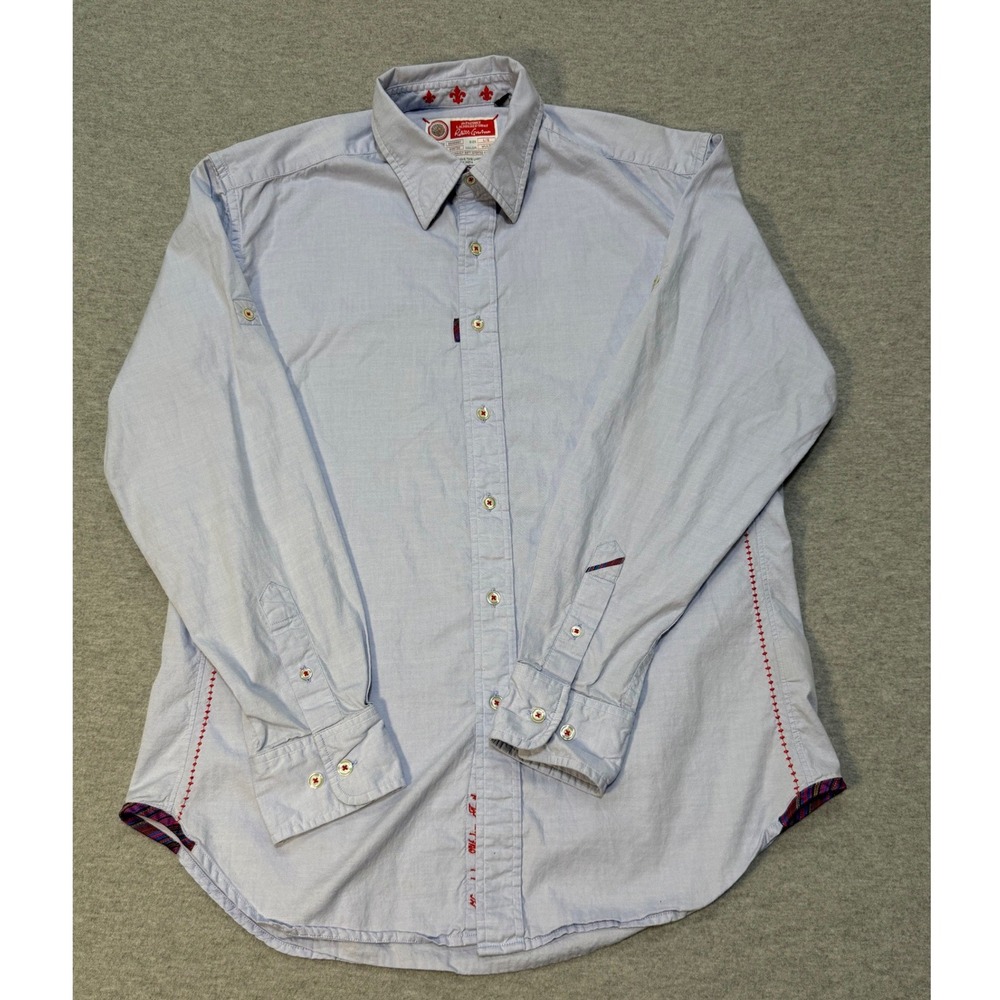 Robert Graham Mens Large Blue Long Sleeve Button Down Shirt Fleur-de-lis Trim